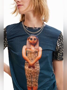 Desigual Digital Photographic Egyptian Pharaoh Crewneck T-Shirt XL Cropped Artsy